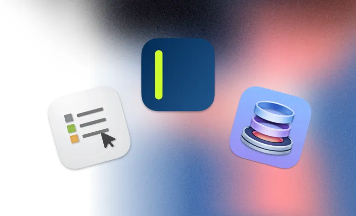 A graphic showing app icons for OpenIn, SideNotes, and Dropzone on a white, black, blue, and red gradient background