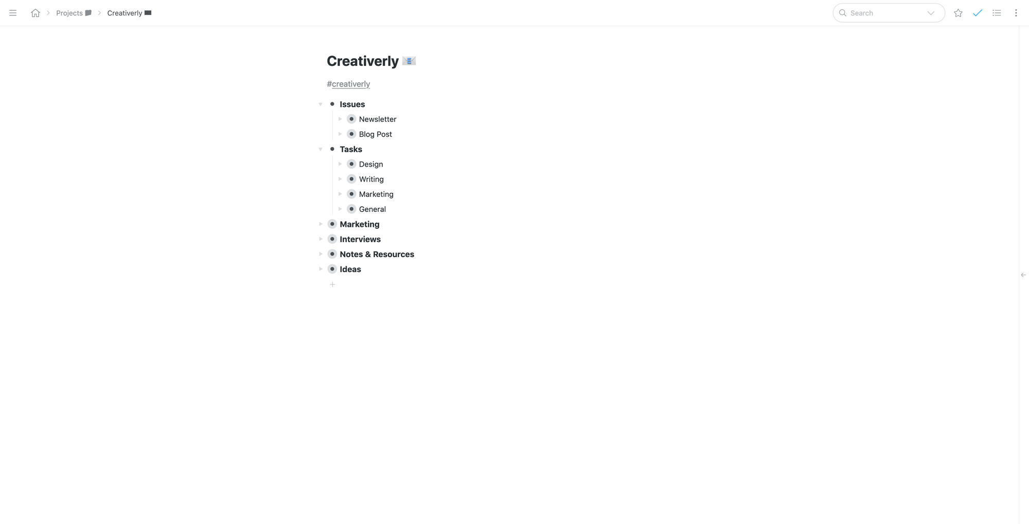 Screenshot of User Interface of Workflowy Web App displaying a Project Page of Creativerly Newsletter consisting of 12 bullets focusing on different topics