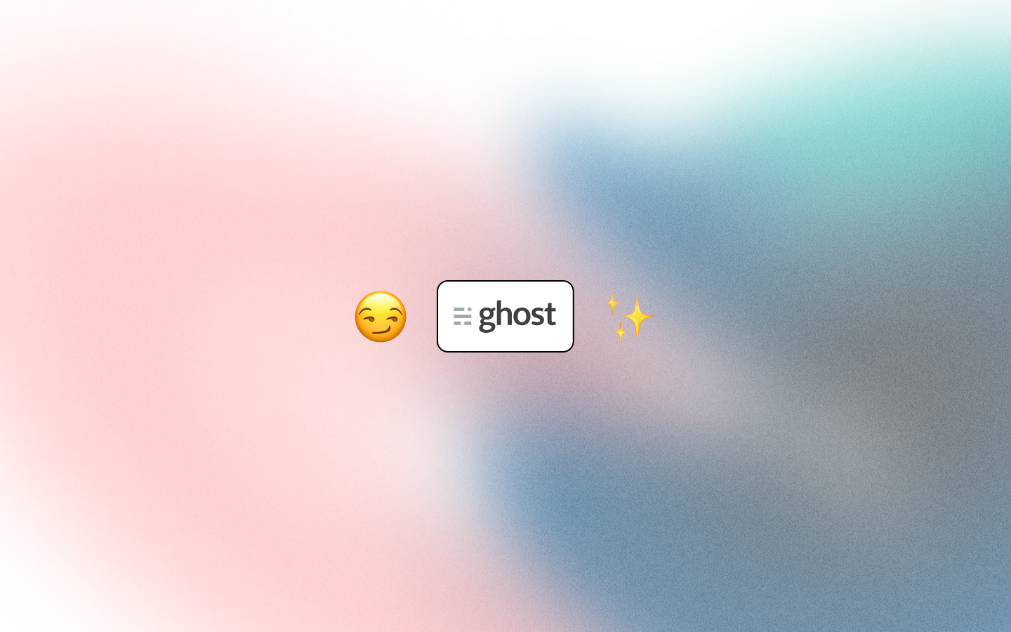 Ghost logo on white rounded rectangle between smirking face emoji and sparkles emoji on gradient background.