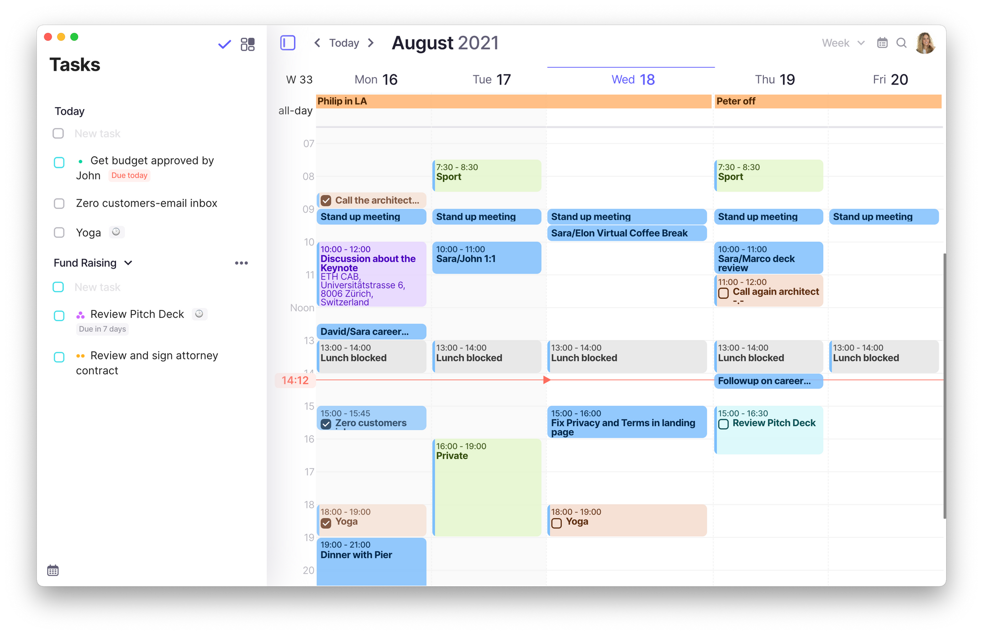 Screenshot of Morgen's interface displaying several tasks in the left sidebar and several events and meetings in the calendar view