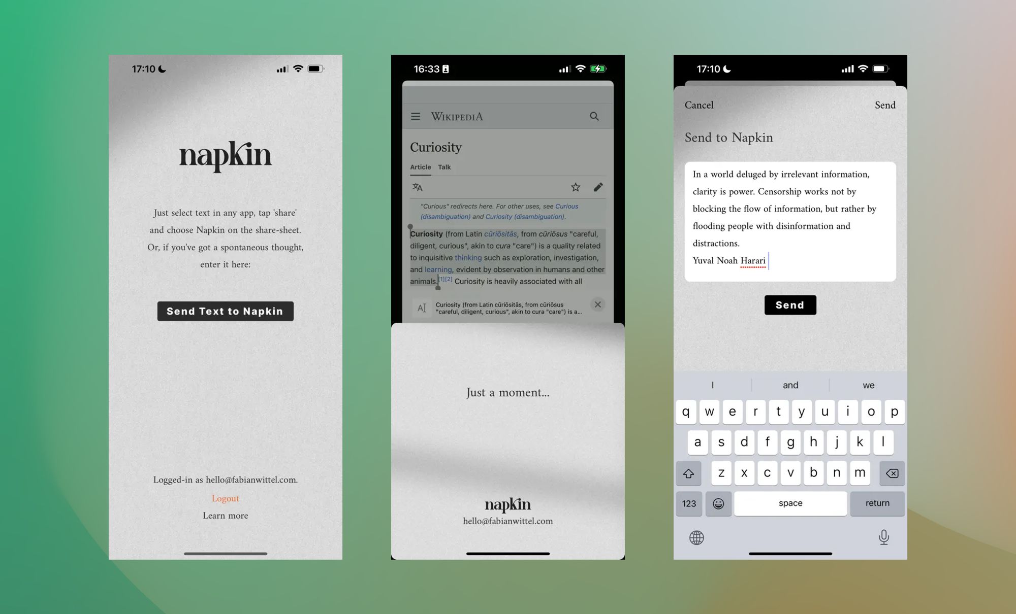 Three screenshots of the Napkin Collect iOS app showcasing the interface, and the process of sending text to the Napkin web app.