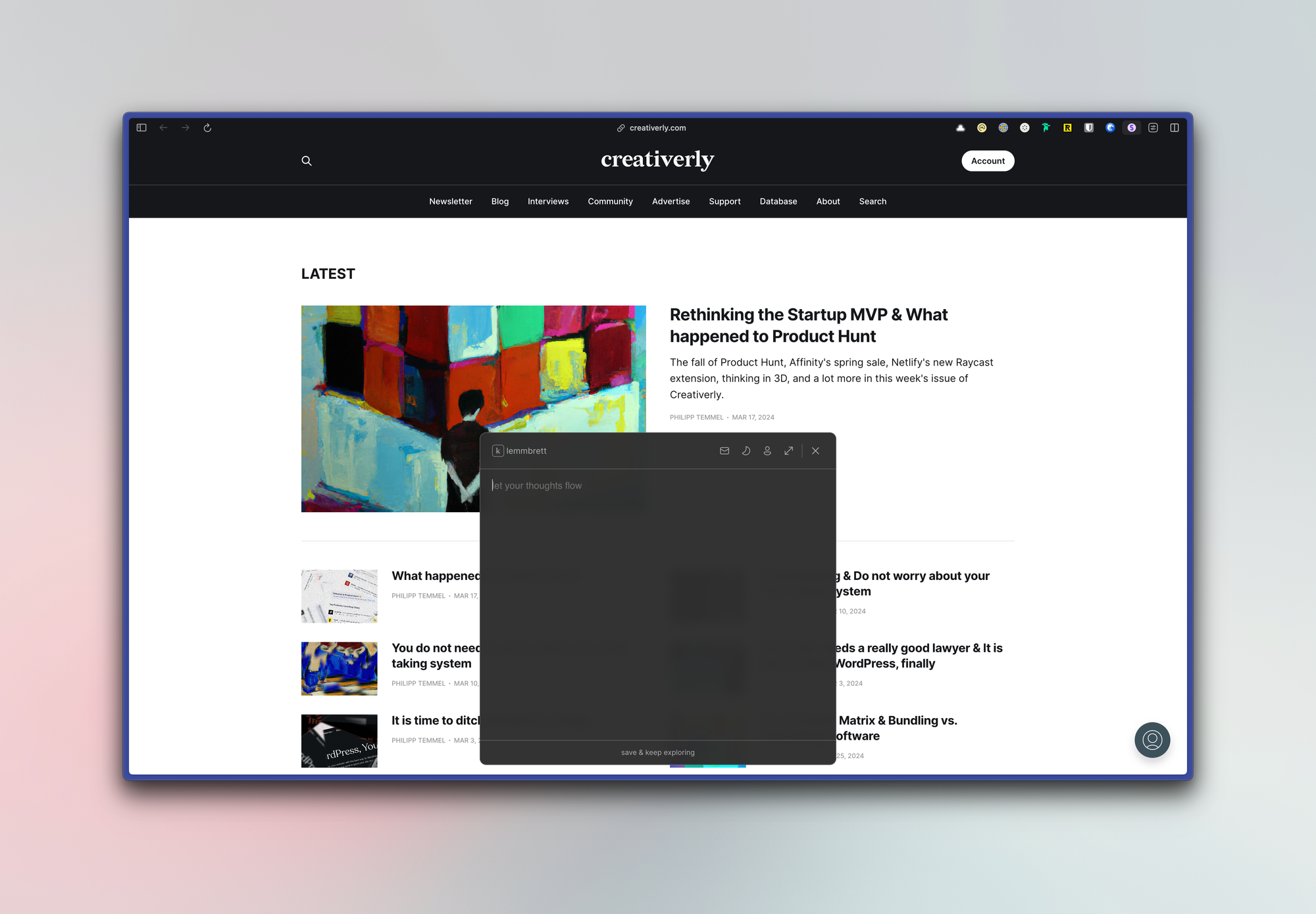 Screenshot of creativerly.com homepage with klemmbrett Chrome extension open
