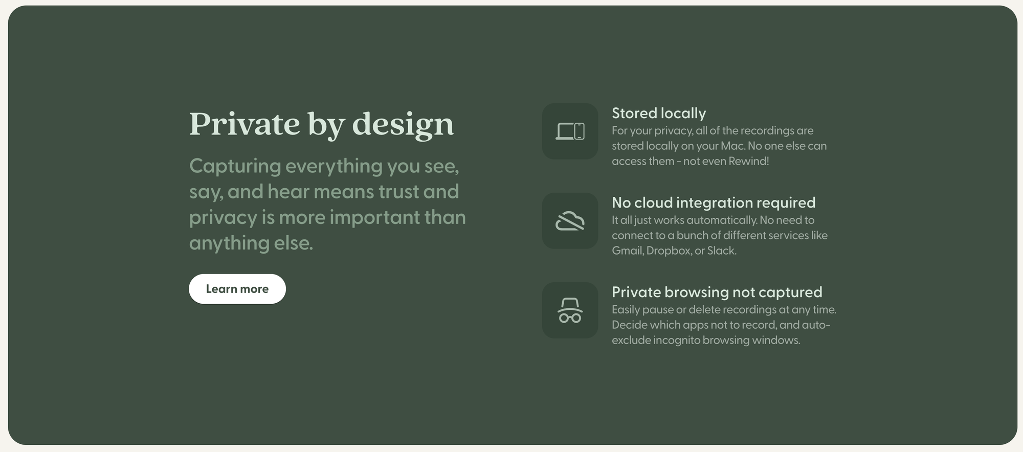 Screenshot of rewind.ai "Private by design" section on its homepage