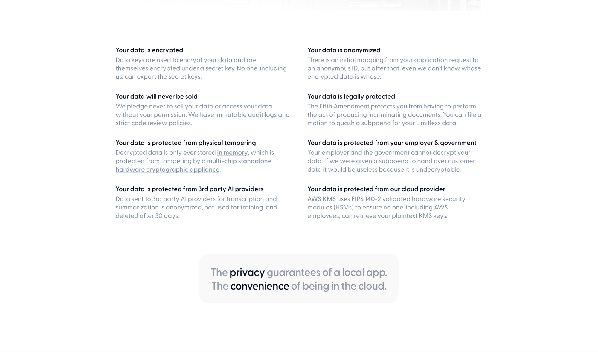 A screenshot of limitless.ai privacy measures and statements