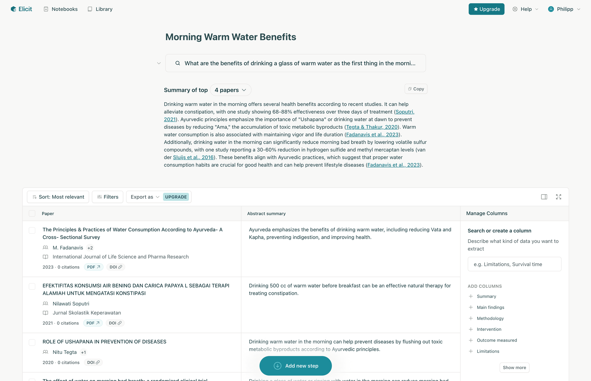 Elicit's Notebook interface showing a summary of four papers, followed by a table view with the research papers as result of the research question input