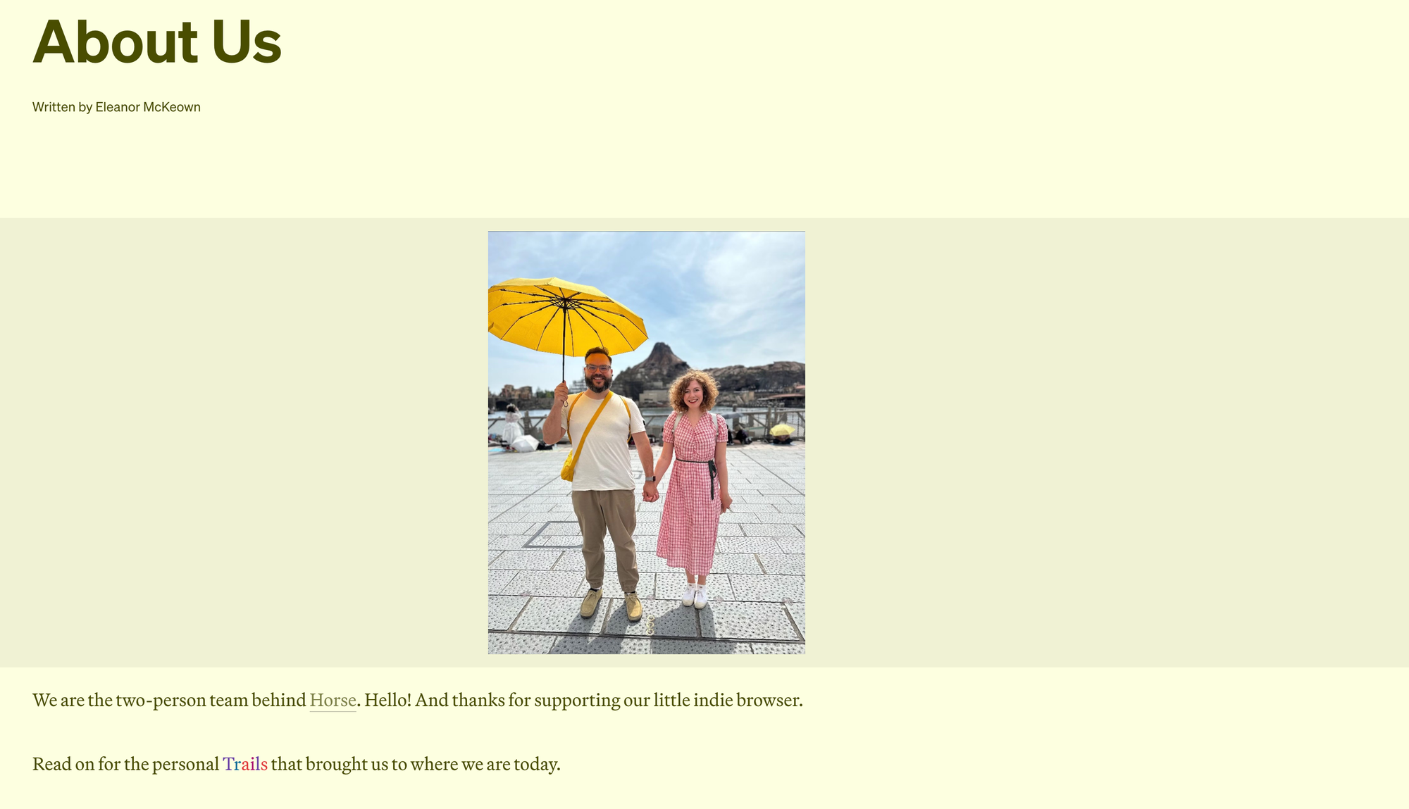 A screenshot of Horse browser's "About Us" web page showing a picture of the creators of Horse Browser, Pascal Pixel and Elly McKeown