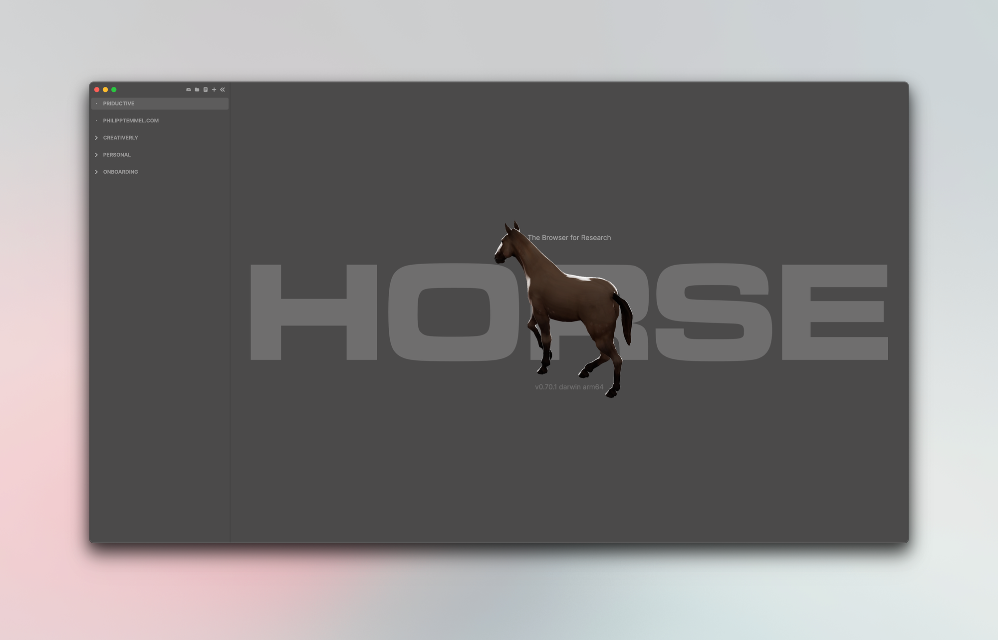 A screenshot of Horse Browser showing an empty page and the sidebar