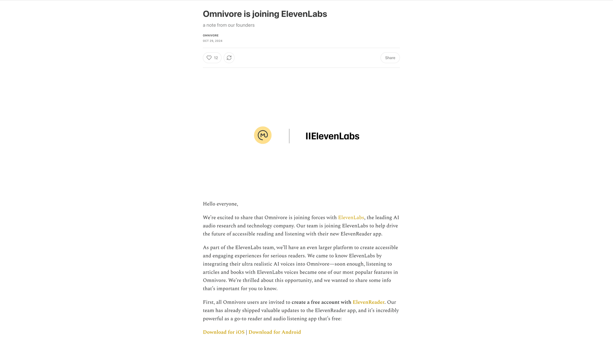 A screenshot of Omnivore's blog post informing users about Omnivore being acquired by ElevenLabs