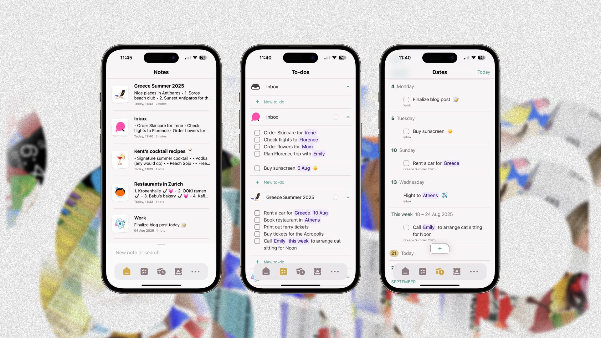 Three smartphone screens displaying the Popt interface. The left screen shows the 'Notes' section with pages titled 'Greece Summer 2025,' 'Inbox,' 'Kent’s cocktail recipes,' 'Restaurants in Zurich,' and 'Work.' The middle screen shows the 'To-dos' section with tasks under 'Inbox' and 'Greece Summer 2025,' including items like 'Order Skincare for Irene,' 'Rent a car for Greece,' and 'Call Emily.' The right screen shows the 'Dates' section with scheduled tasks like 'Finalize blog post,' 'Buy sunscreen,' 'Flight to Athens,' and 'Call Emily,' organized by specific dates in August 2025.